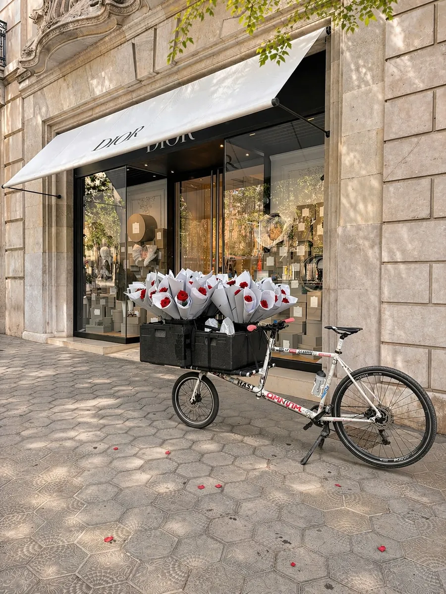 Cargo bike loaded with wrapped red roses parked on the hexagonal tiles of Passeig de Gràcia